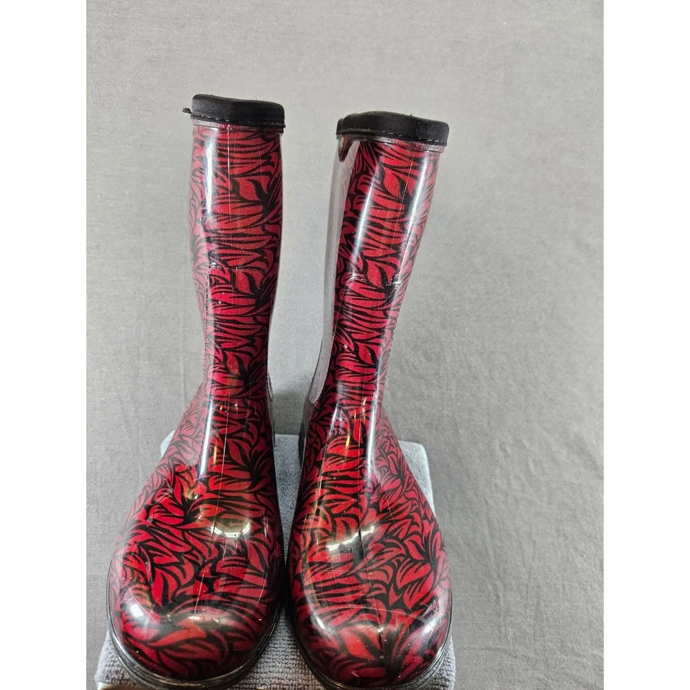 Sloggers Womens Red Black Leaf Print Waterproof Rain Garden Boots Made in USA 9